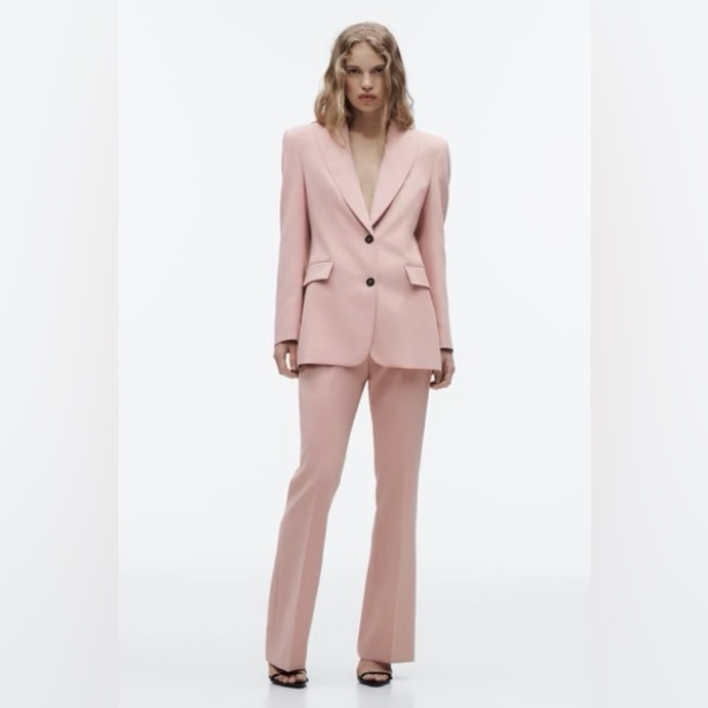 NWT Zara Tailored Blazer & Full Length Flared Pants Set Women’s Beige Pink